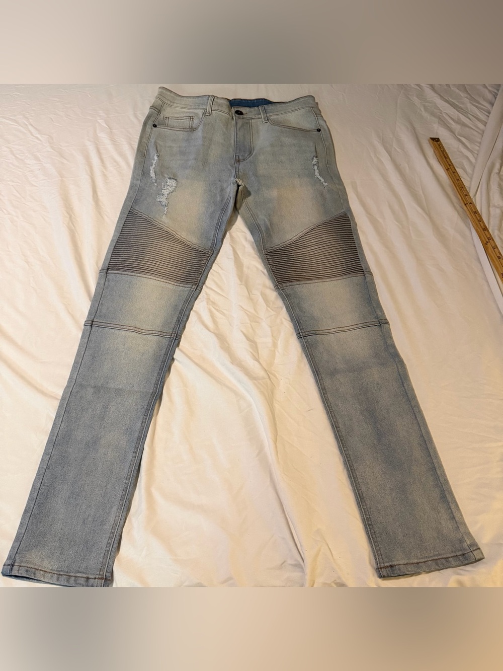 Men's Light Blue Skinny Jeans with Ribbed Knee Panels